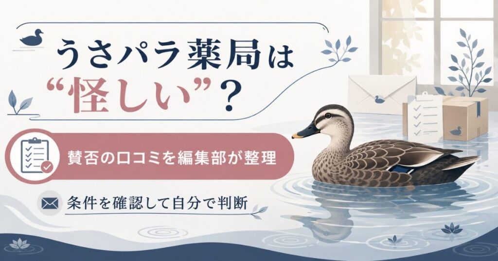 うさパラ薬局の評判検証を示すアイキャッチ。カルガモと水面のイラスト。